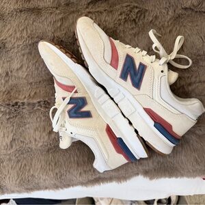 New Balance White Sneakers with Blue and Red Accents